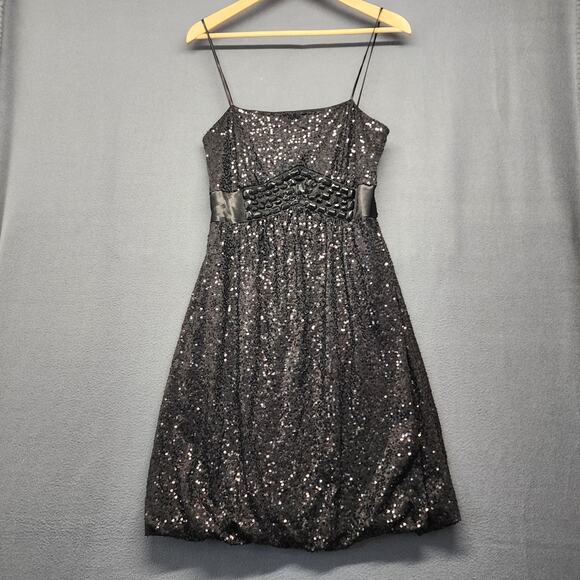 Cache Dress Womens 10 Black Sequin Beaded Cocktail Spaghetti Strap LBD Party Vtg - Picture 1 of 11